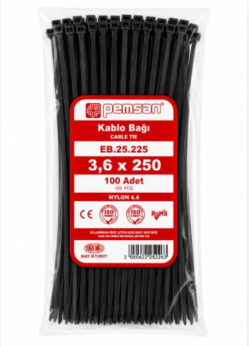 Pemsan Cırt Kelepçe 3.6x250 mm Siyah  | Kablo Bağı | Plastik Kelepçe Image